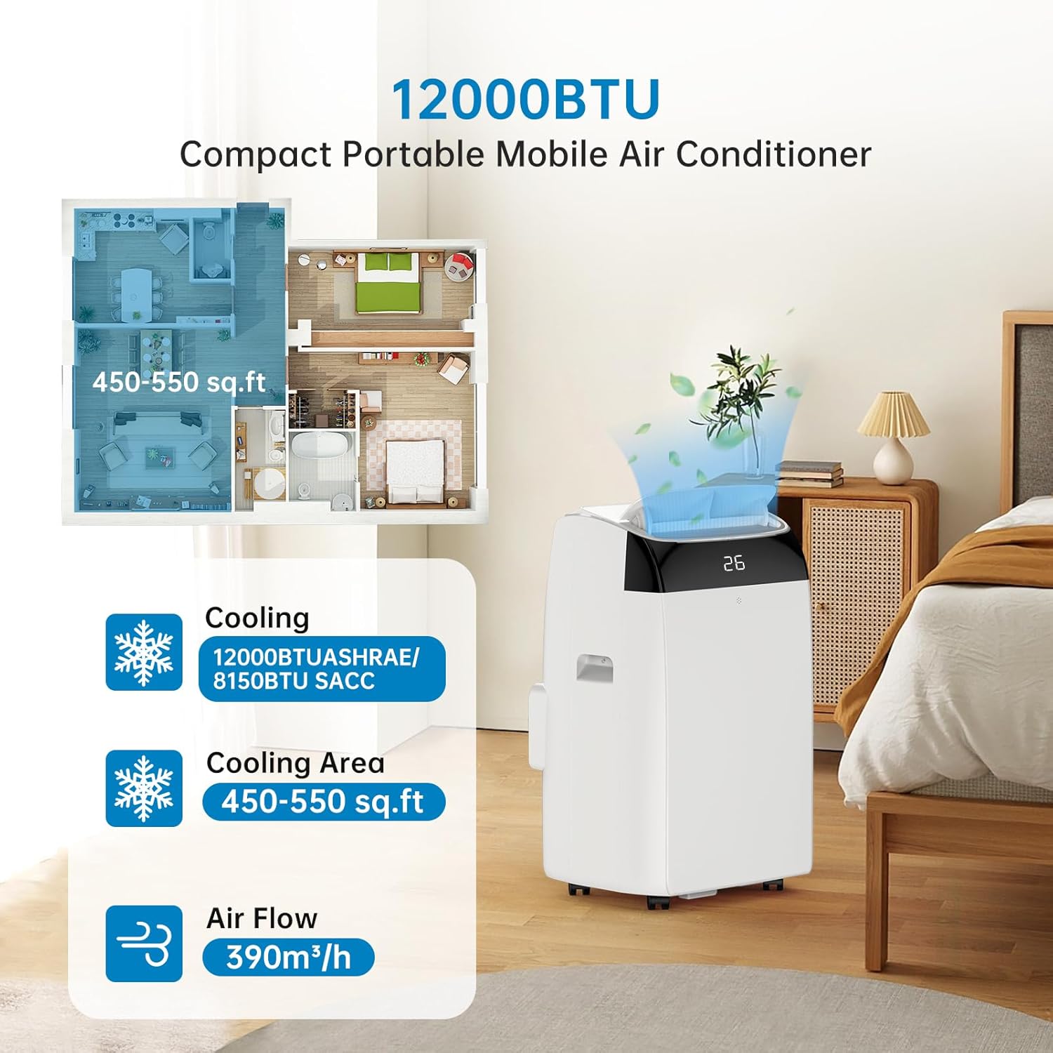 Leises 4-in-1 Mobiles Klimagerät 12000 BTU | Kühlen/Ventilieren/Entfeuchten/Follow-Me | Für Räume Bis 43–51㎡ Abluftschlauch+Digitaldisplay+Fernbedienung+24h-Timer