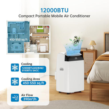Leises 4-in-1 Mobiles Klimagerät 12000 BTU | Kühlen/Ventilieren/Entfeuchten/Follow-Me | Für Räume Bis 43–51㎡ Abluftschlauch+Digitaldisplay+Fernbedienung+24h-Timer