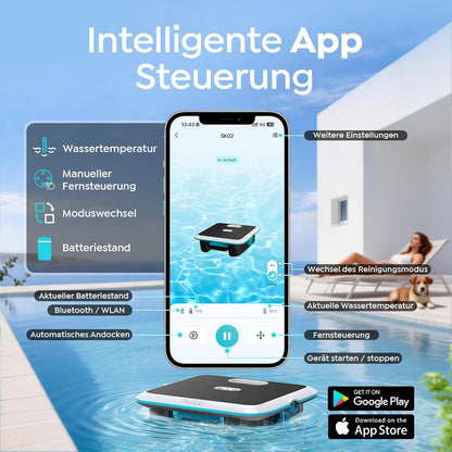 SK02 Solar Pool Skimmer Roboter, Solarbetriebener Poolroboter Akku, Duale Ladeoptionen, Wassertemperatursensor, App-Steuerung, 24/7 Automatischer Skimmer Poolreiniger