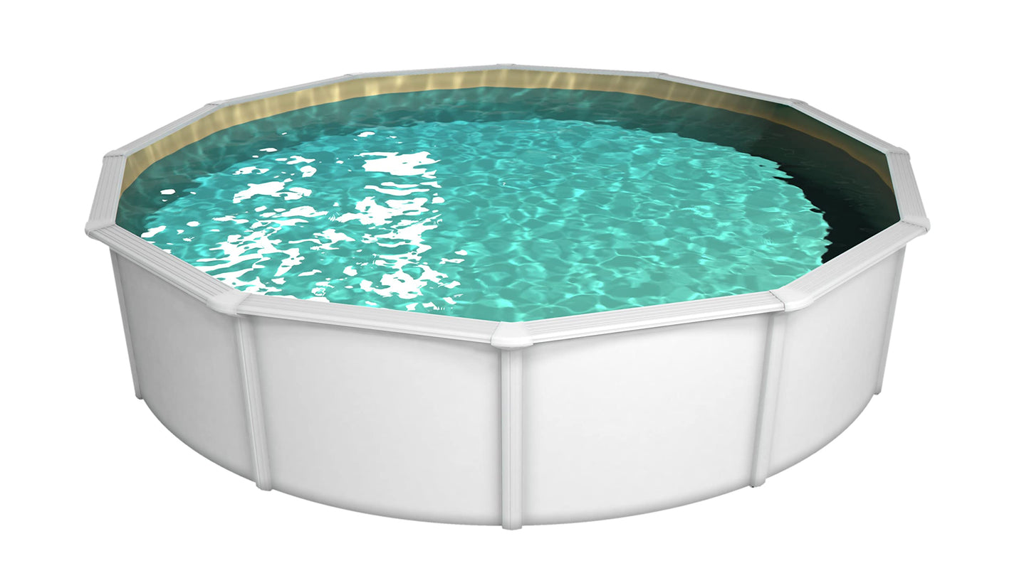 Steinbach Stahlwandpool New Splasher Secure – 011002 – Ø 350 x 90 m – Runder Pool in Weiß und blauer Innenfolie für bis zu 7.800 l Wasserinhalt – Mit Einhänge-Kartuschenfilteranlage und Leiter