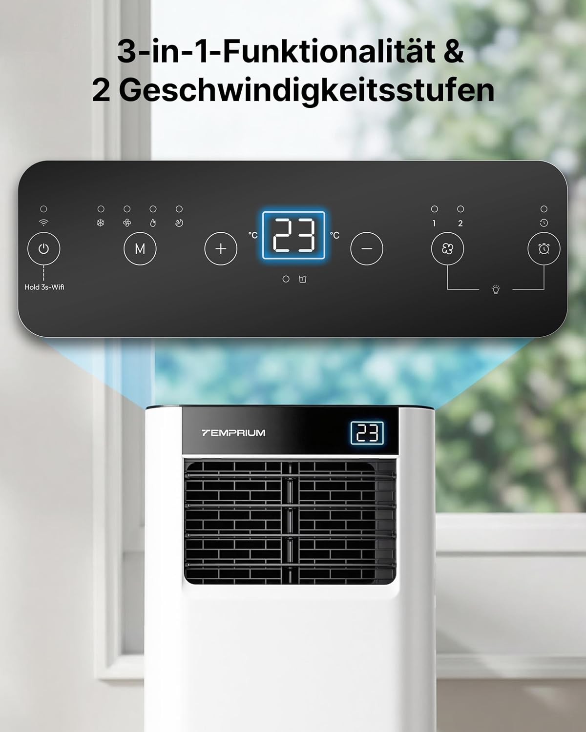 Mobile Klimaanlage 9000BTU 2,6Kw mit Abluftschlauch | 3-in-1 Mobiles Klimagerät | Fensterabdichtung | APP-Steuerung + Fernbedienung | Leiser Betrieb | 24h-Timer | Für Räume bis 25m²