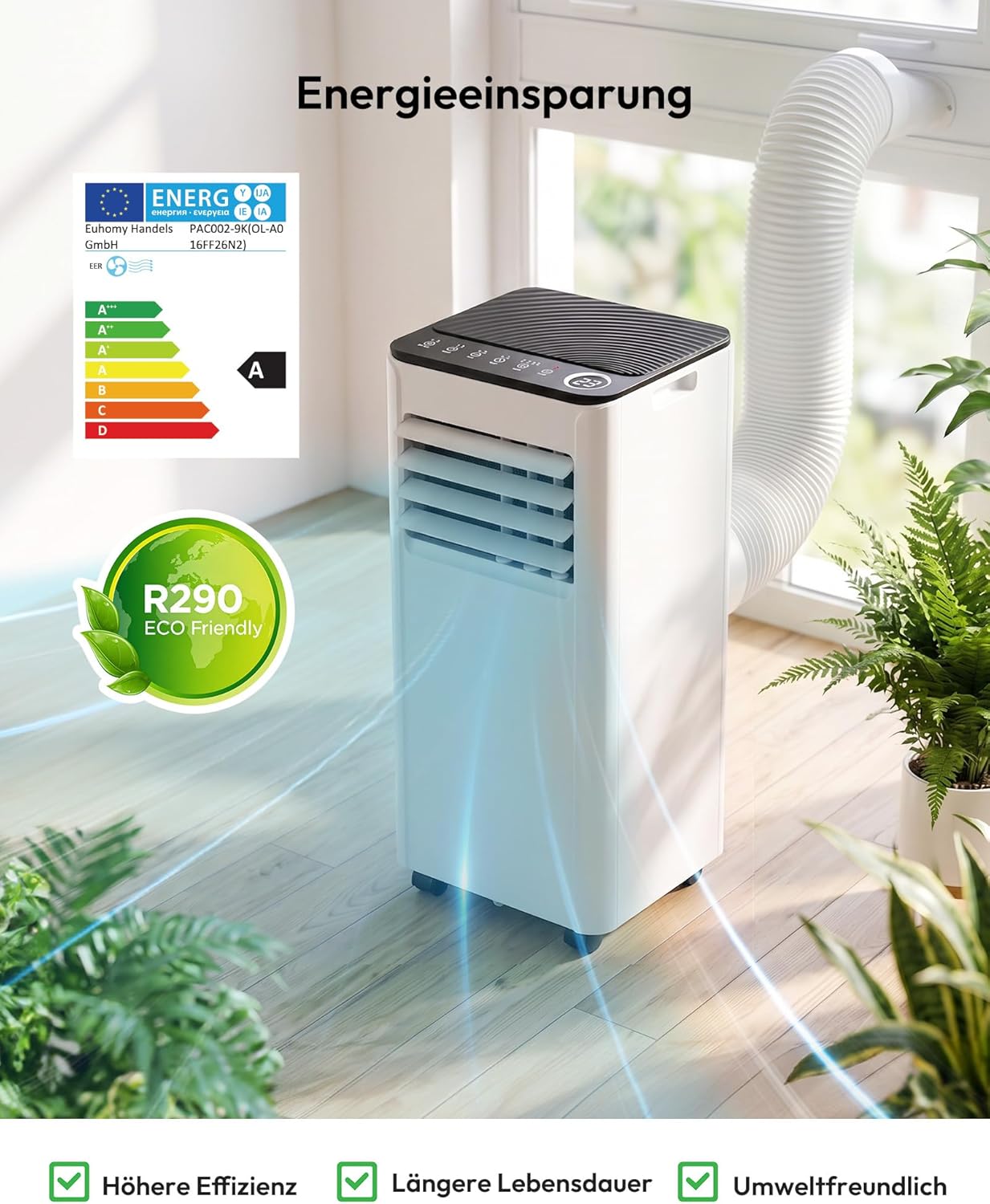 Mobile Klimaanlage 9000 BTU mit Abluftschlauch | 4-in-1 Mobiles Klimagerät | Leiser Betrieb <48 dB | Digitaldisplay + Fernbedienung | Fenster-Installationsset | 24h-Timer | Für Räume bis 25 m²