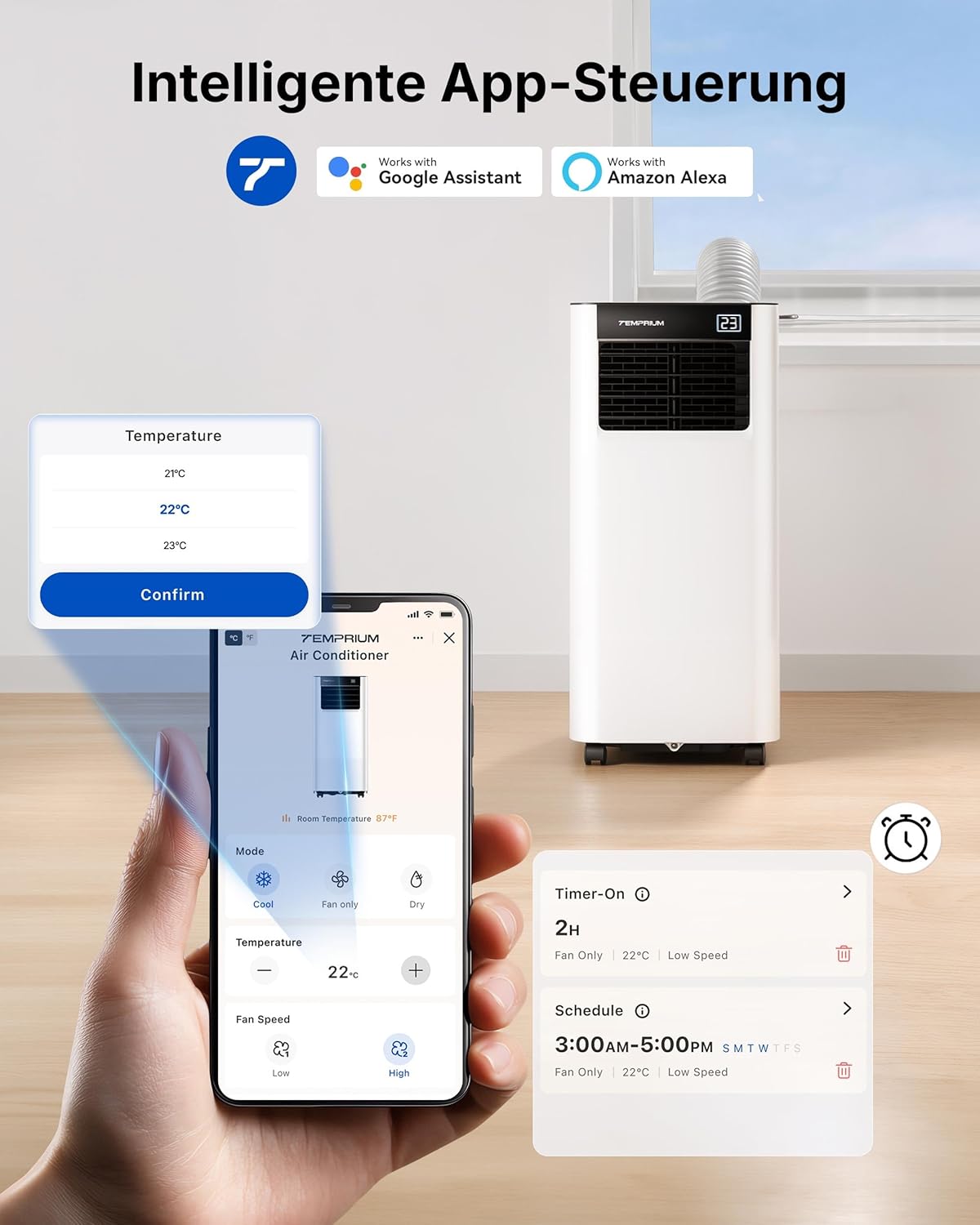 Mobile Klimaanlage 9000BTU 2,6Kw mit Abluftschlauch | 3-in-1 Mobiles Klimagerät | Fensterabdichtung | APP-Steuerung + Fernbedienung | Leiser Betrieb | 24h-Timer | Für Räume bis 25m²