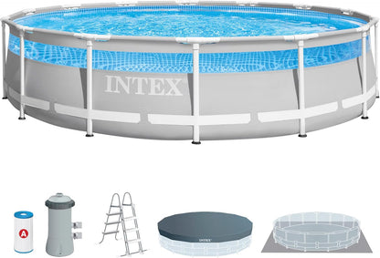 Intex 26722NP – Aufstellpool Prism Frame Clearview Rund, Filterpumpe 3785 L/h, Leiter, Bodenplane und Abdeckplane, 12706 L, Stahl und PVC, Grau, 427x107 cm