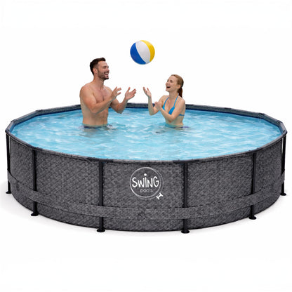 HAF - Swing Frame Pool rund Grau Rattan-Optik (Ø 366 cm, 91 cm tief) - Gartenpool mit 8.300 Liter - Robust, UV-geschützt & korrosionsbeständig - Stabiler Metallrahmen - Schnellaufbau ohne Werkzeug