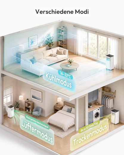 Mobile Klimaanlage 9000 BTU mit Abluftschlauch | 4-in-1 Mobiles Klimagerät | Leiser Betrieb <48 dB | Digitaldisplay + Fernbedienung | Fenster-Installationsset | 24h-Timer | Für Räume bis 25 m²