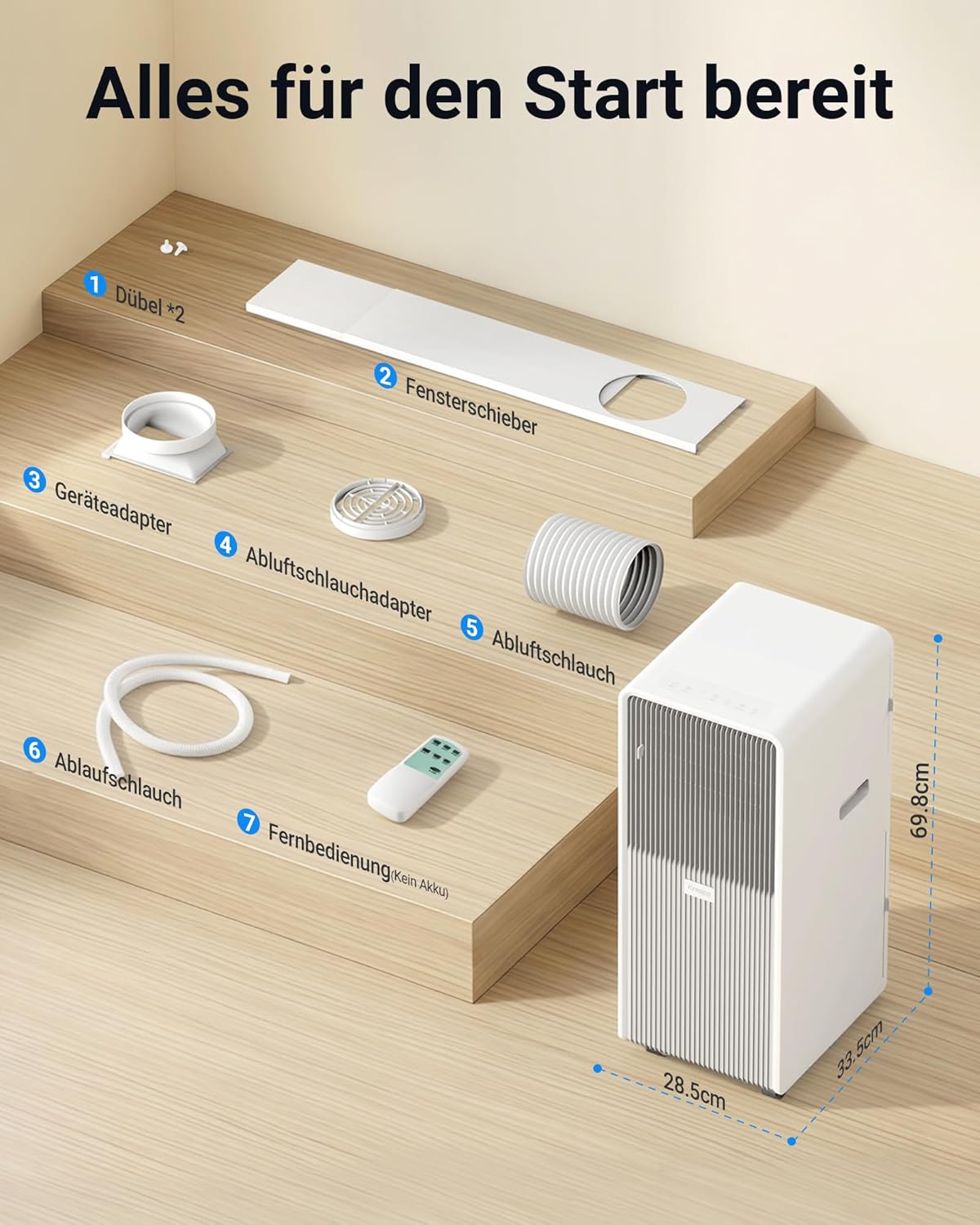 Mobile Klimaanlage 9000 BTU, Klimaanlage mobil mit Abluftschlauch, Mobiles Klimagerät mit Abluftschlauch für Räume bis zu 33m²/90m³, Klimagerät mit Timer, R290, weiß