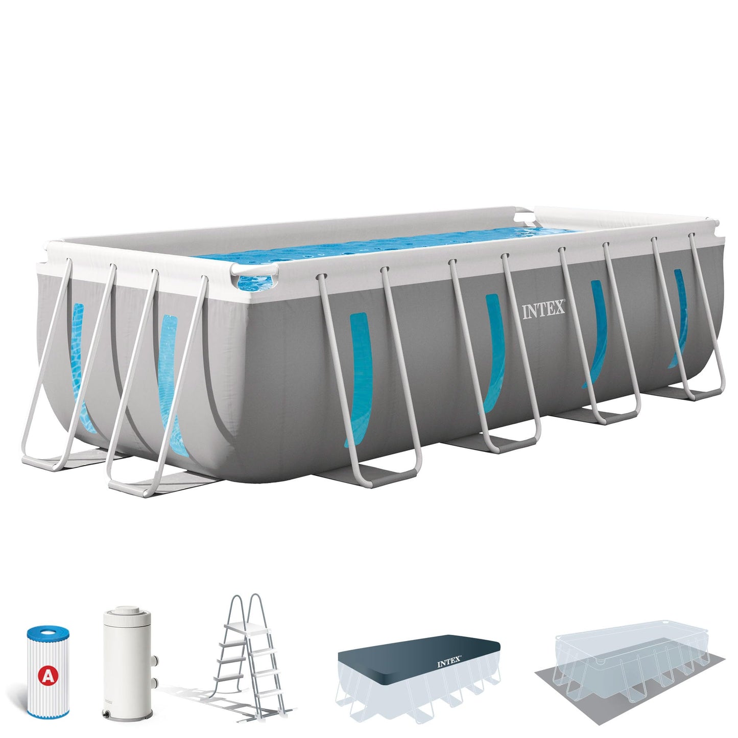 Intex 26722NP – Aufstellpool Prism Frame Clearview Rund, Filterpumpe 3785 L/h, Leiter, Bodenplane und Abdeckplane, 12706 L, Stahl und PVC, Grau, 427x107 cm