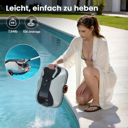 Poolroboter Akku, kabelloser Pool-Saugroboter, 200Min Laufzeit, Intelligente Navigation, Selbsteinparkfunktion und ultrafeine Filterung, kompakt und tragbar Poolreiniger ohne kabel für Pools 232m²