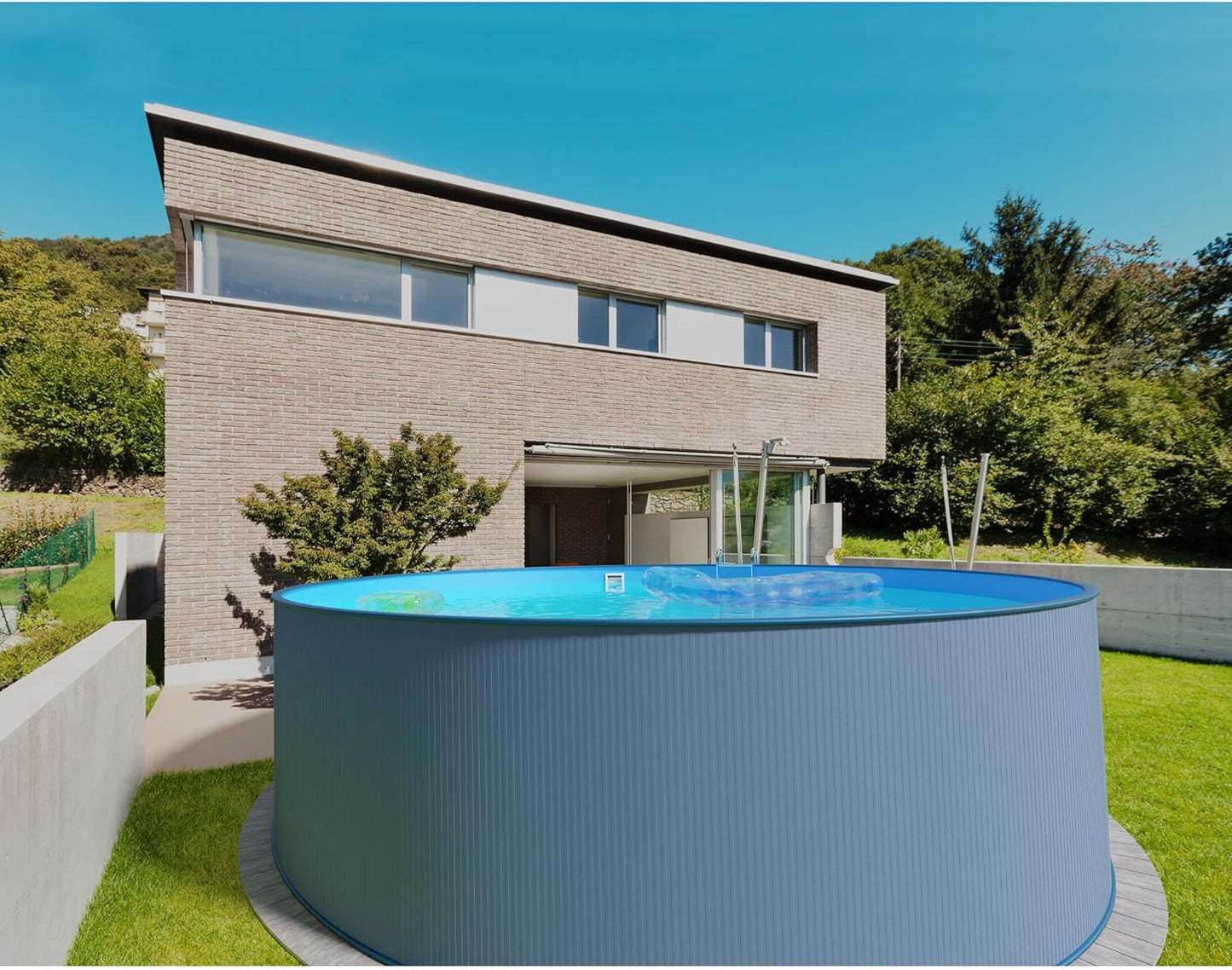 Stahlwandpool rund 300x120cm, Stahl 0,4mm anthrazit, Folie 0,4mm blau, Einhängebiese