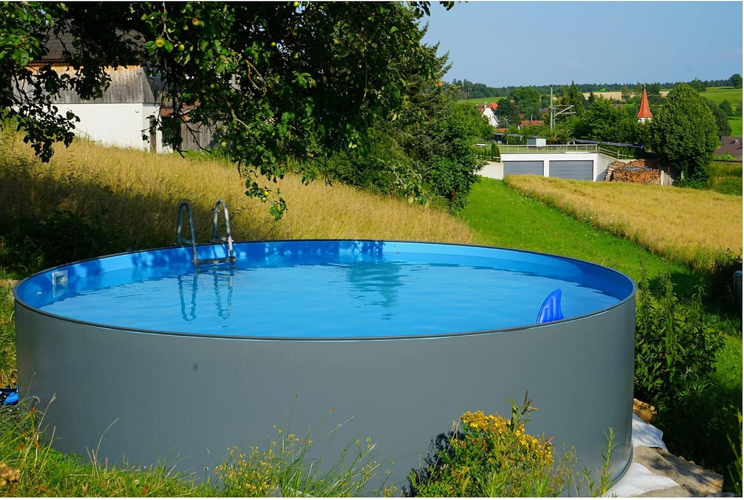 Stahlwandpool rund 300x120cm, Stahl 0,4mm anthrazit, Folie 0,4mm blau, Einhängebiese