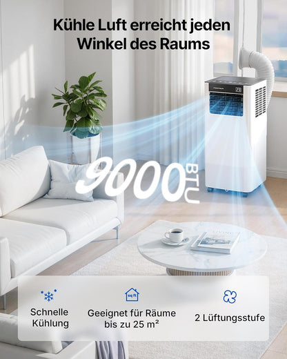 Mobile Klimaanlage 9000BTU 2,6Kw mit Abluftschlauch | 3-in-1 Mobiles Klimagerät | Fensterabdichtung | APP-Steuerung + Fernbedienung | Leiser Betrieb | 24h-Timer | Für Räume bis 25m²