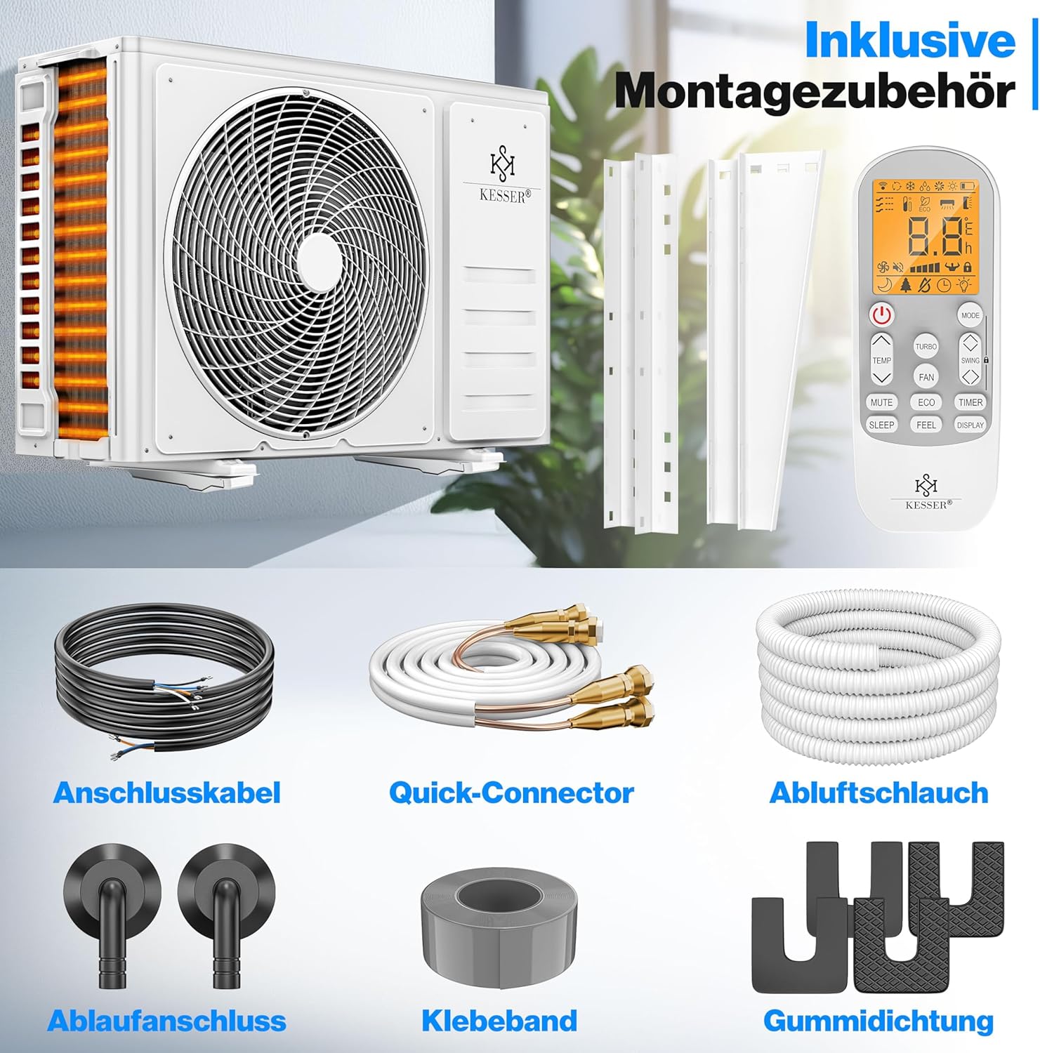 KESSER® Split Klimaanlage Set Quick Connect – WiFi & App Klimagerät mit Heizfunktion & Kühlmodus Wandklimaanlage, mit Kupferleitung 12000 BTU 3,4 kW Kältemittel R32 Inkl. Montagematerial