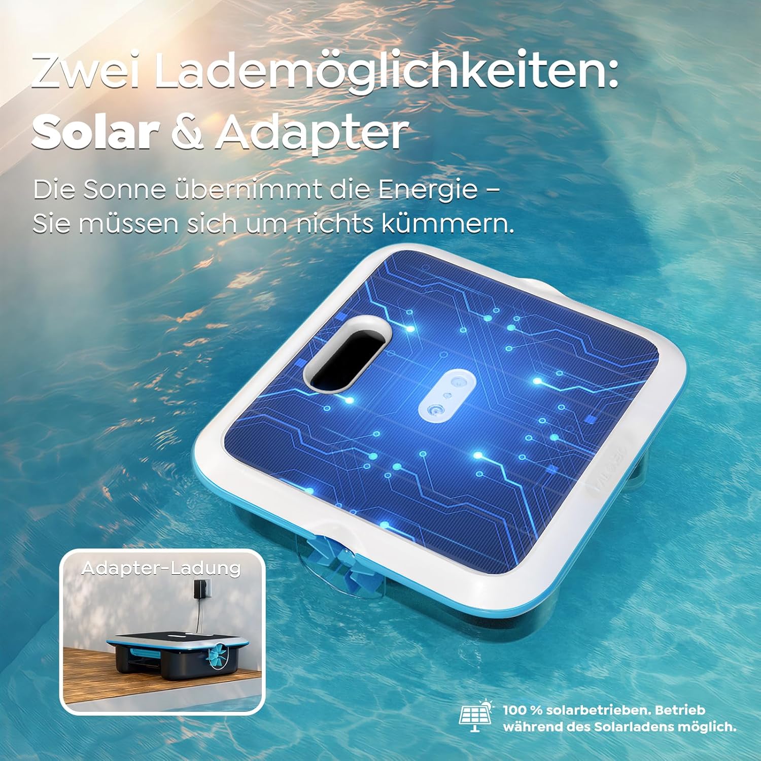SK02 Solar Pool Skimmer Roboter, Solarbetriebener Poolroboter Akku, Duale Ladeoptionen, Wassertemperatursensor, App-Steuerung, 24/7 Automatischer Skimmer Poolreiniger