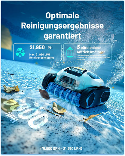 Spino E1 Poolroboter Akku Boden und Wand, 210 Min Kabellos Poolsauger, Max 21950 LPH, Poolreiniger mit 5 Reinigungsmodi, Auto Wasserlinien Parkfunktion, Weiß-Gelb