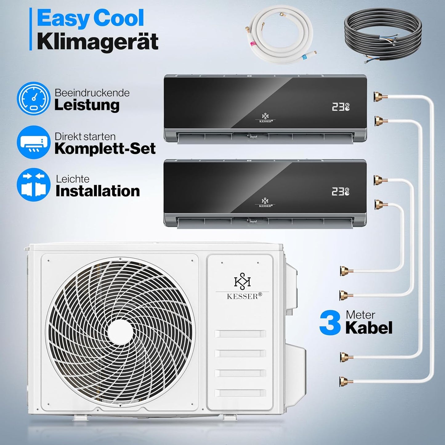 KESSER® Multisplit Klimaanlage 2 Innengeräte, 18000 BTU, Split Klimagerät Set mit WiFi/App, Heizen & Kühlen, Inverter, Eco-Modus, Luftentfeuchter & Ventilator, sehr leise, R32, Montagematerial