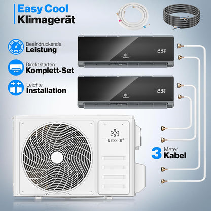 KESSER® Multisplit Klimaanlage 2 Innengeräte, 18000 BTU, Split Klimagerät Set mit WiFi/App, Heizen & Kühlen, Inverter, Eco-Modus, Luftentfeuchter & Ventilator, sehr leise, R32, Montagematerial