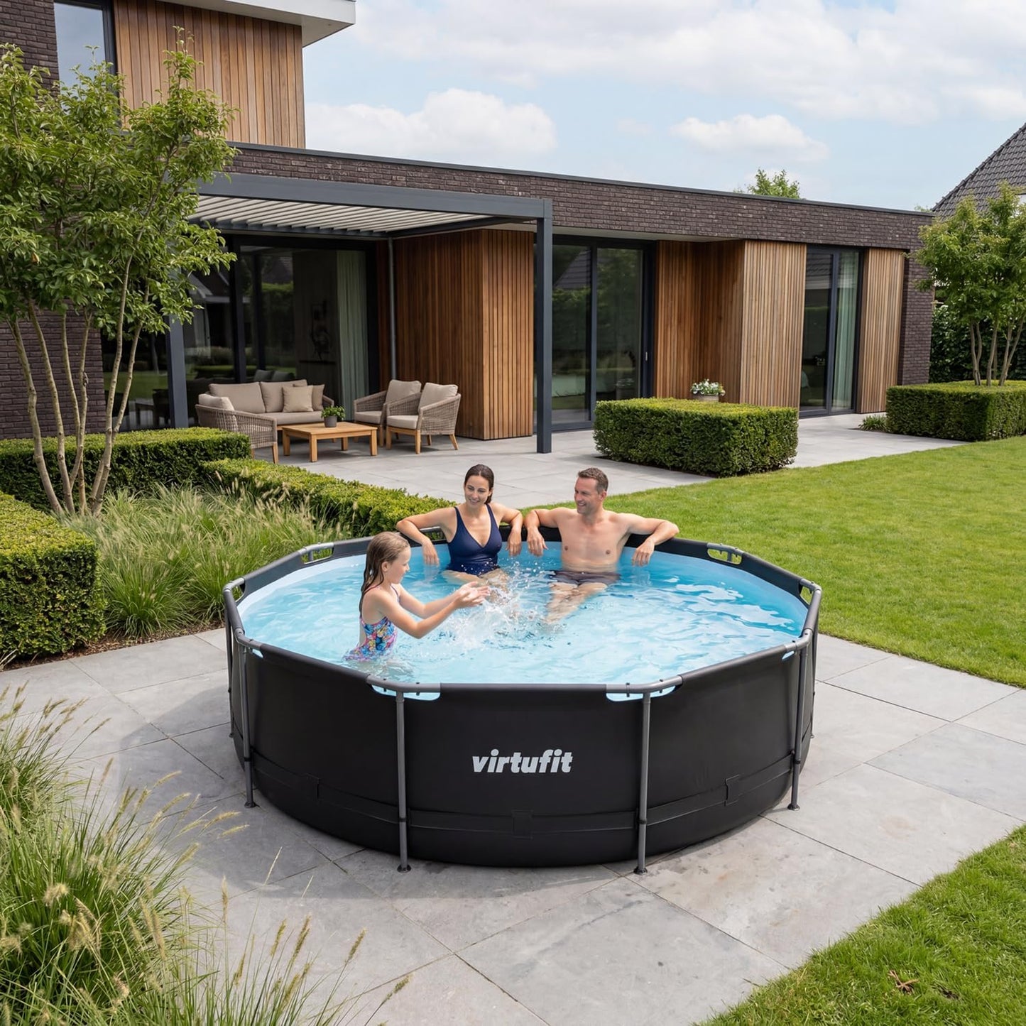 VirtuFit Rundpool Ø366 x 100 cm Anthrazit - inkl. Filterpumpe - Stabil & langlebig - Gartenpool - Familienpool
