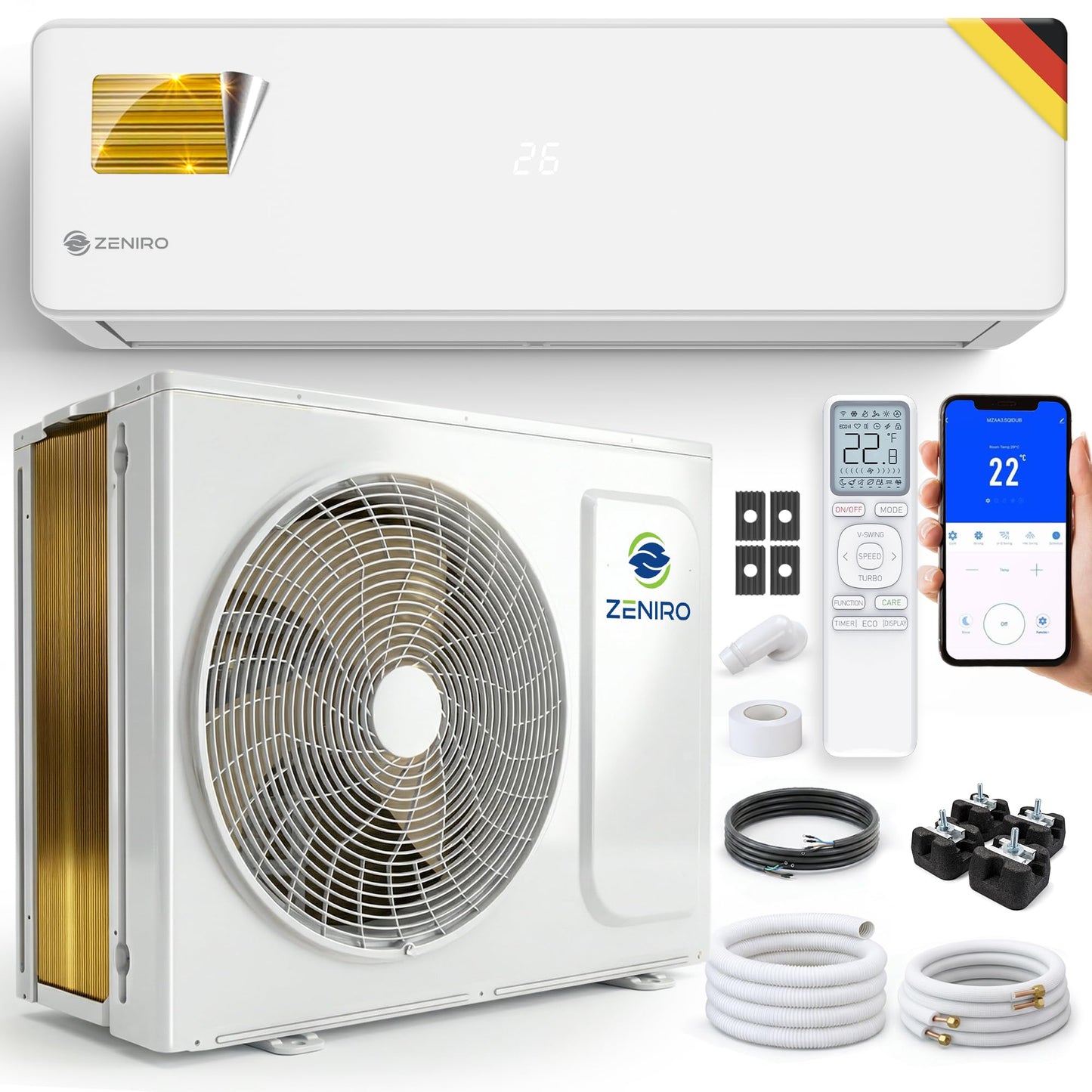 Klimaanlage Set Split - mit WiFi/App Funktion Klimagerät Kühlen A++/ Heizen A+ 3,5kW 12000 BTU Sehr Leise, Kältemittel R32 - Fernbedienung, Timerfunktion - Inkl. Montagematerial