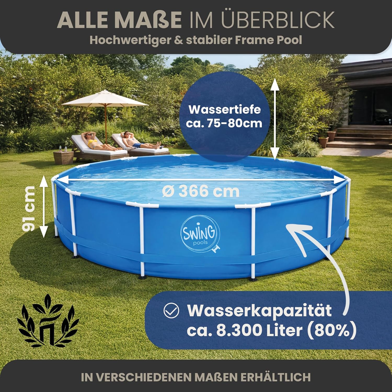 HAF - Swing Frame Pool rund Grau Rattan-Optik (Ø 366 cm, 91 cm tief) - Gartenpool mit 8.300 Liter - Robust, UV-geschützt & korrosionsbeständig - Stabiler Metallrahmen - Schnellaufbau ohne Werkzeug