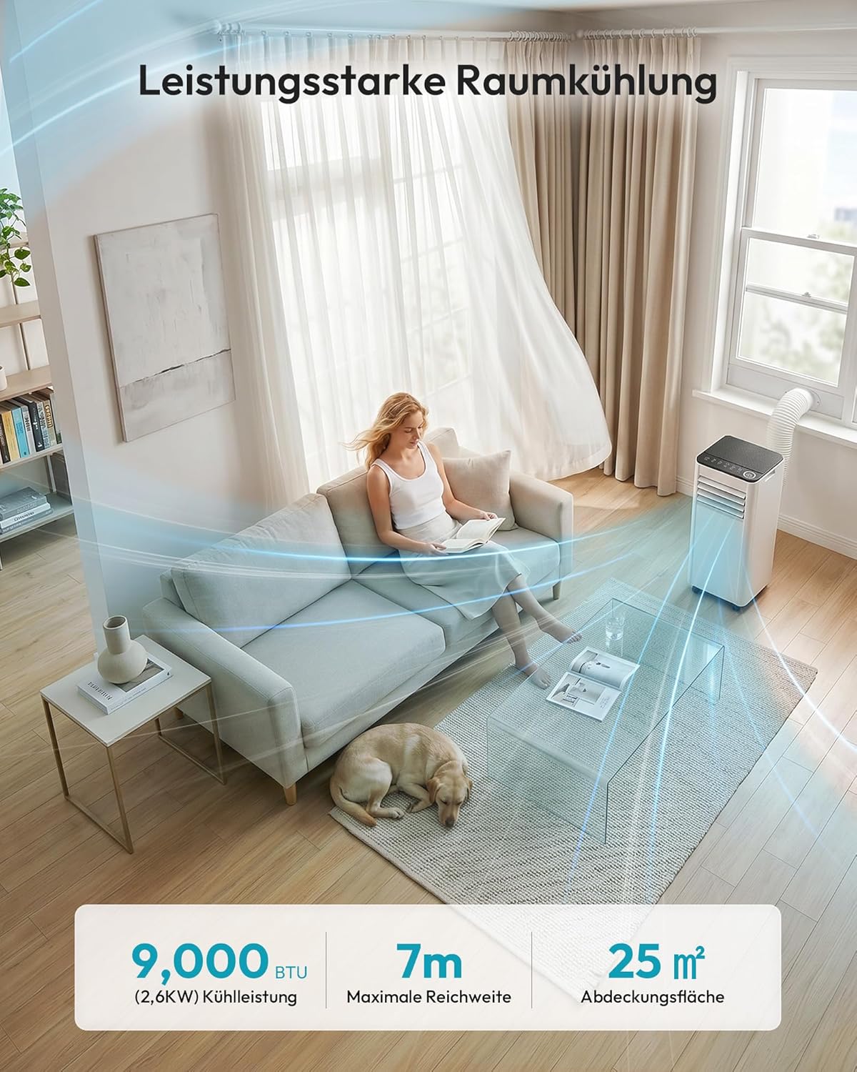 Mobile Klimaanlage 9000 BTU mit Abluftschlauch | 4-in-1 Mobiles Klimagerät | Leiser Betrieb <48 dB | Digitaldisplay + Fernbedienung | Fenster-Installationsset | 24h-Timer | Für Räume bis 25 m²