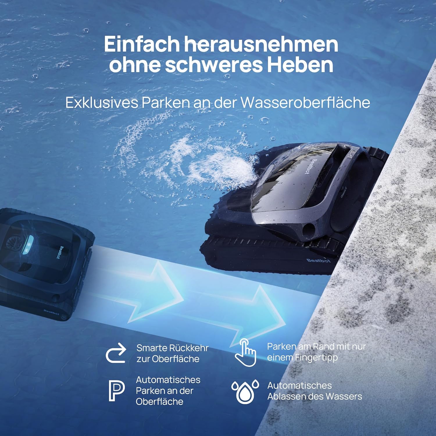 Beatbot AquaSense 2 Poolroboter, Akku Poolsauger mit Oberflächen-Parkfunktion, Poolreiniger Boden und Wand, Doppelte Reinigung der Wasserlinie, für Pools bis zu 300 m², Fenstergrau