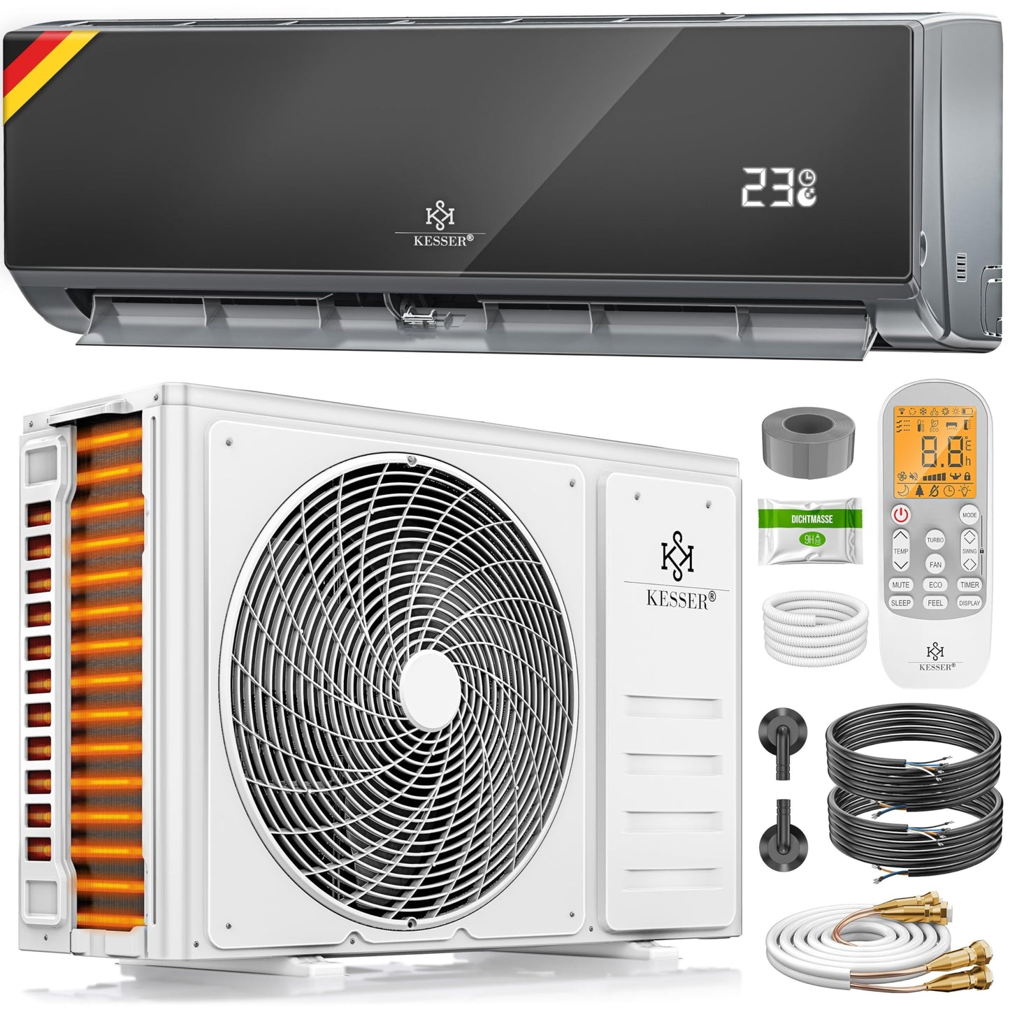 KESSER® Split Klimaanlage Set Quick Connect – WiFi & App Klimagerät mit Heizfunktion & Kühlmodus Wandklimaanlage, mit Kupferleitung 12000 BTU 3,4 kW Kältemittel R32 Inkl. Montagematerial