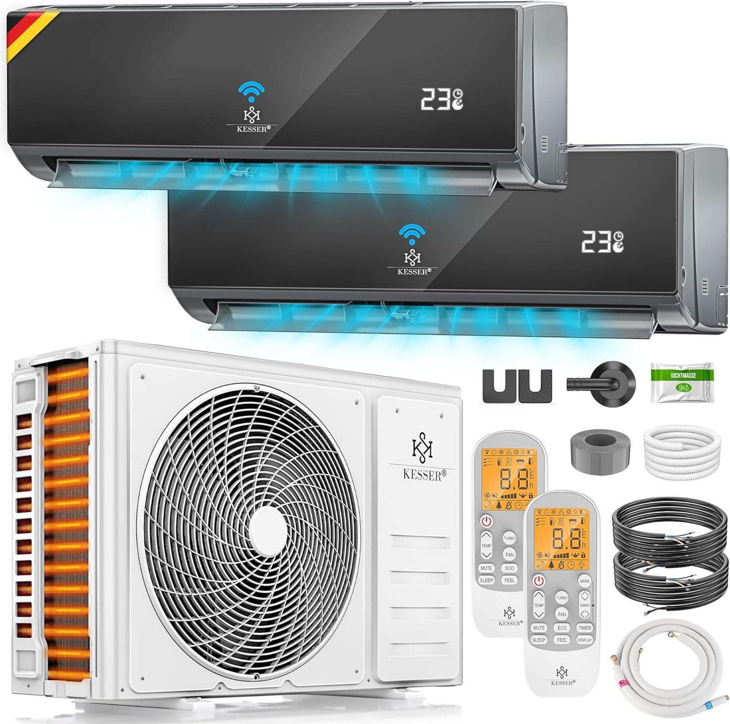 KESSER® Multisplit Klimaanlage 2 Innengeräte, 18000 BTU, Split Klimagerät Set mit WiFi/App, Heizen & Kühlen, Inverter, Eco-Modus, Luftentfeuchter & Ventilator, sehr leise, R32, Montagematerial
