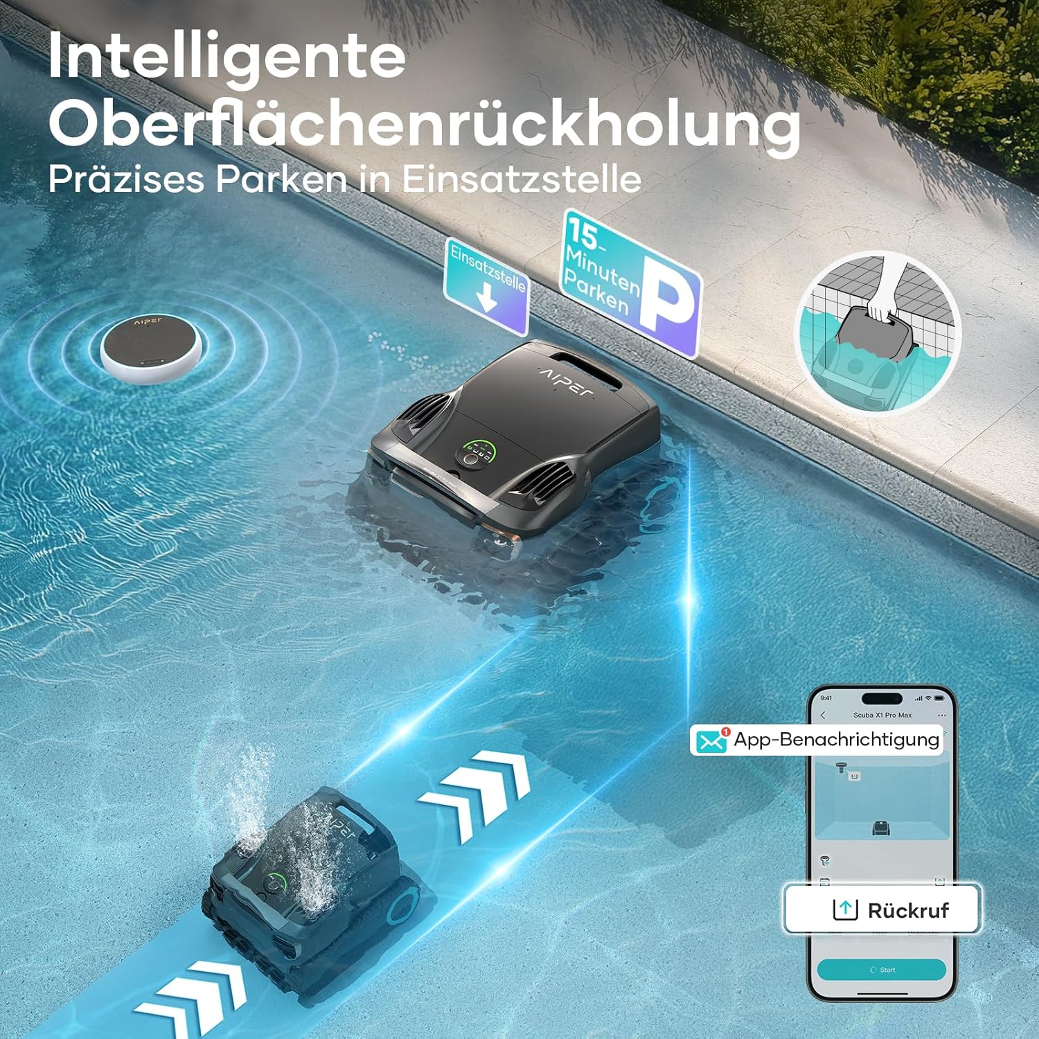 AIPER Scuba X1 Pro Max Poolroboter Boden und Wand, Poolsauger & Skimmer, 32,000 LPH Saugkraft, Pool-Mapping, Smart Surface Parking, Poolroboter für Alle Eingebauten Pools 300㎡,Schwarz