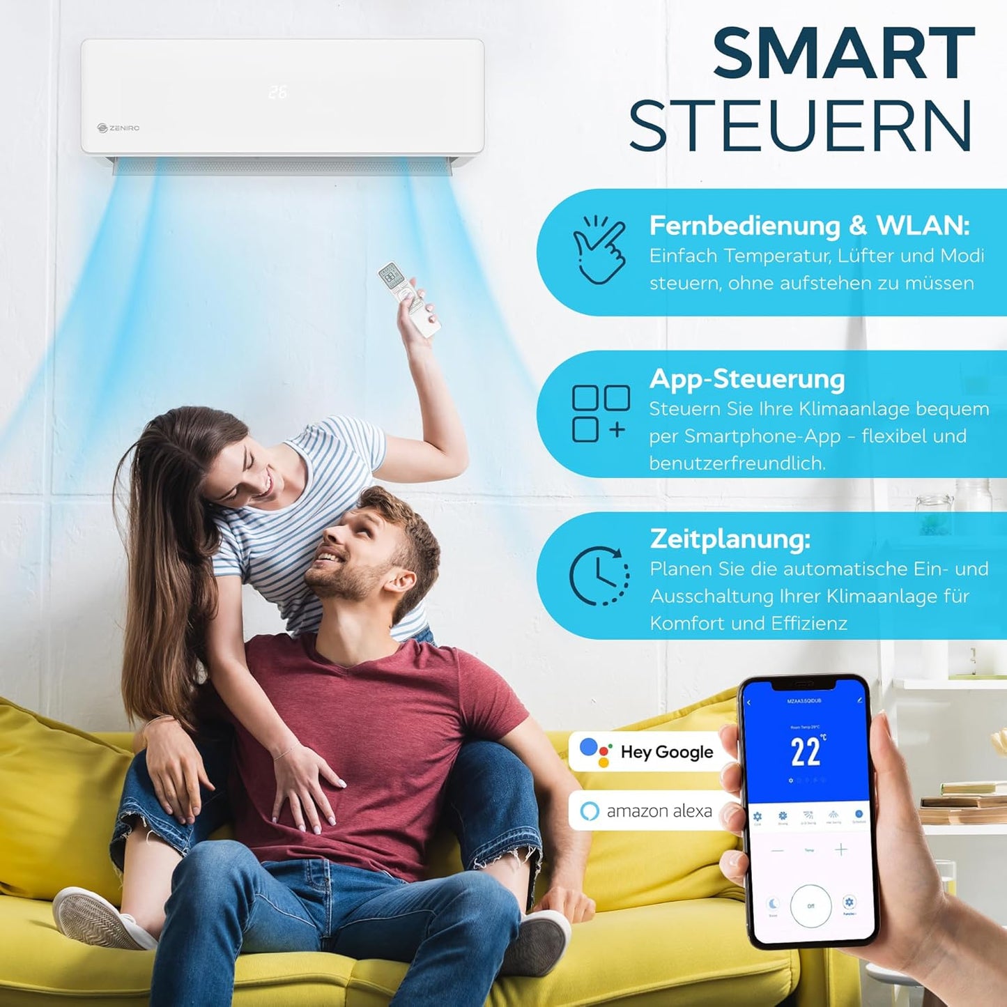 Klimaanlage Set Split - mit WiFi/App Funktion Klimagerät Kühlen A++/ Heizen A+ 3,5kW 12000 BTU Sehr Leise, Kältemittel R32 - Fernbedienung, Timerfunktion - Inkl. Montagematerial
