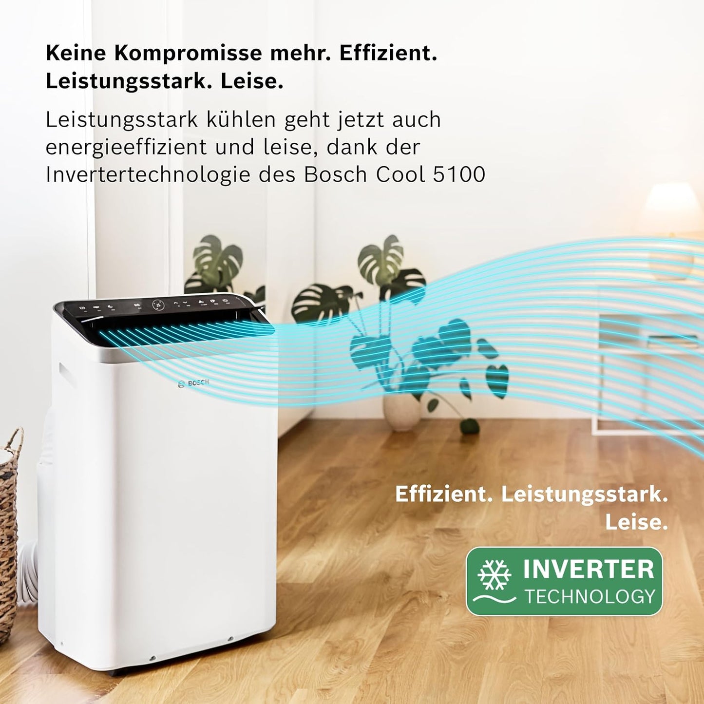 Bosch Cool 5100 Mobiles Klimagerät - 3-in-1 Klimaanlage, Luftentfeuchter, Ventilator - 3,4 kW für Räume bis zu 46 m² - Mit Auto-Modus, Silent-Modus & Sleep-Modus