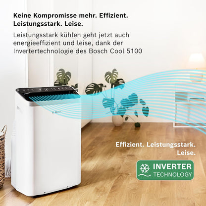 Bosch Cool 5100 Mobiles Klimagerät - 3-in-1 Klimaanlage, Luftentfeuchter, Ventilator - 3,4 kW für Räume bis zu 46 m² - Mit Auto-Modus, Silent-Modus & Sleep-Modus