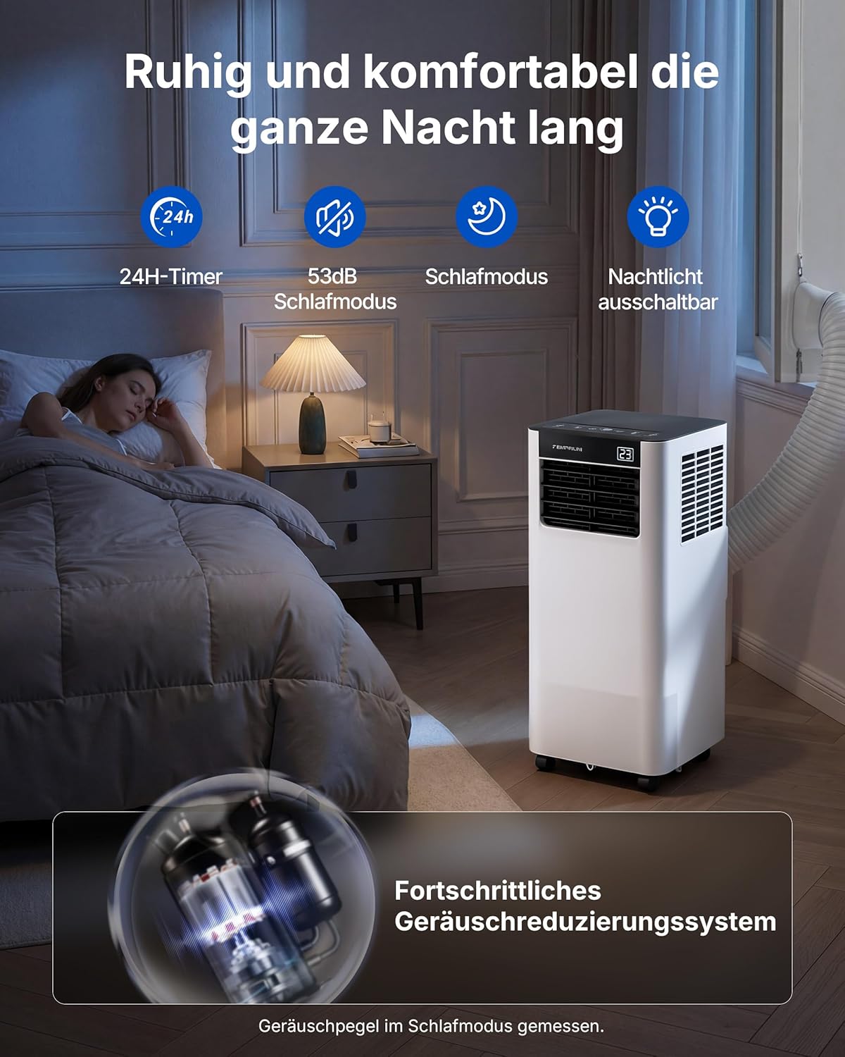 Mobile Klimaanlage 9000BTU 2,6Kw mit Abluftschlauch | 3-in-1 Mobiles Klimagerät | Fensterabdichtung | APP-Steuerung + Fernbedienung | Leiser Betrieb | 24h-Timer | Für Räume bis 25m²