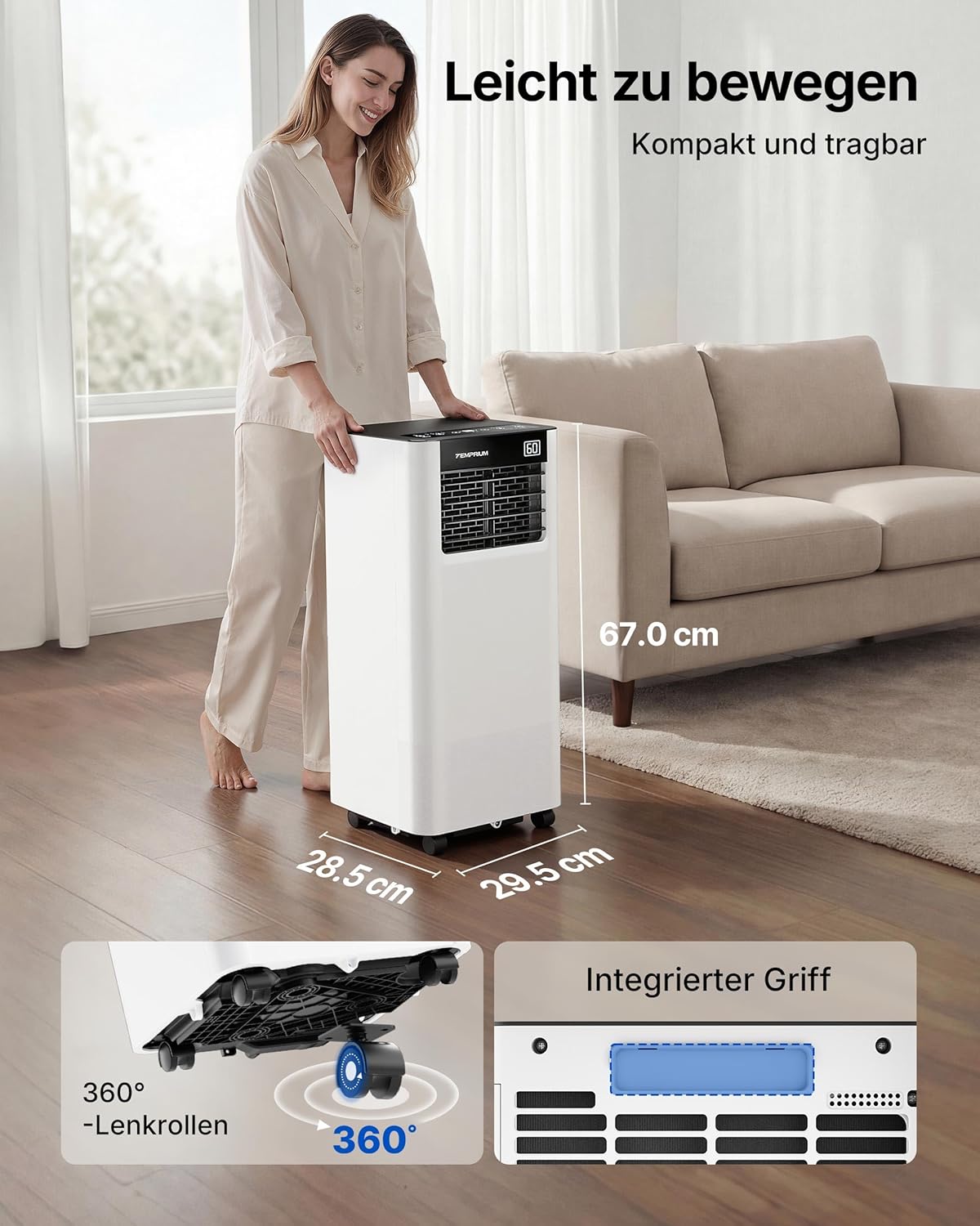 Mobile Klimaanlage 9000BTU 2,6Kw mit Abluftschlauch | 3-in-1 Mobiles Klimagerät | Fensterabdichtung | APP-Steuerung + Fernbedienung | Leiser Betrieb | 24h-Timer | Für Räume bis 25m²