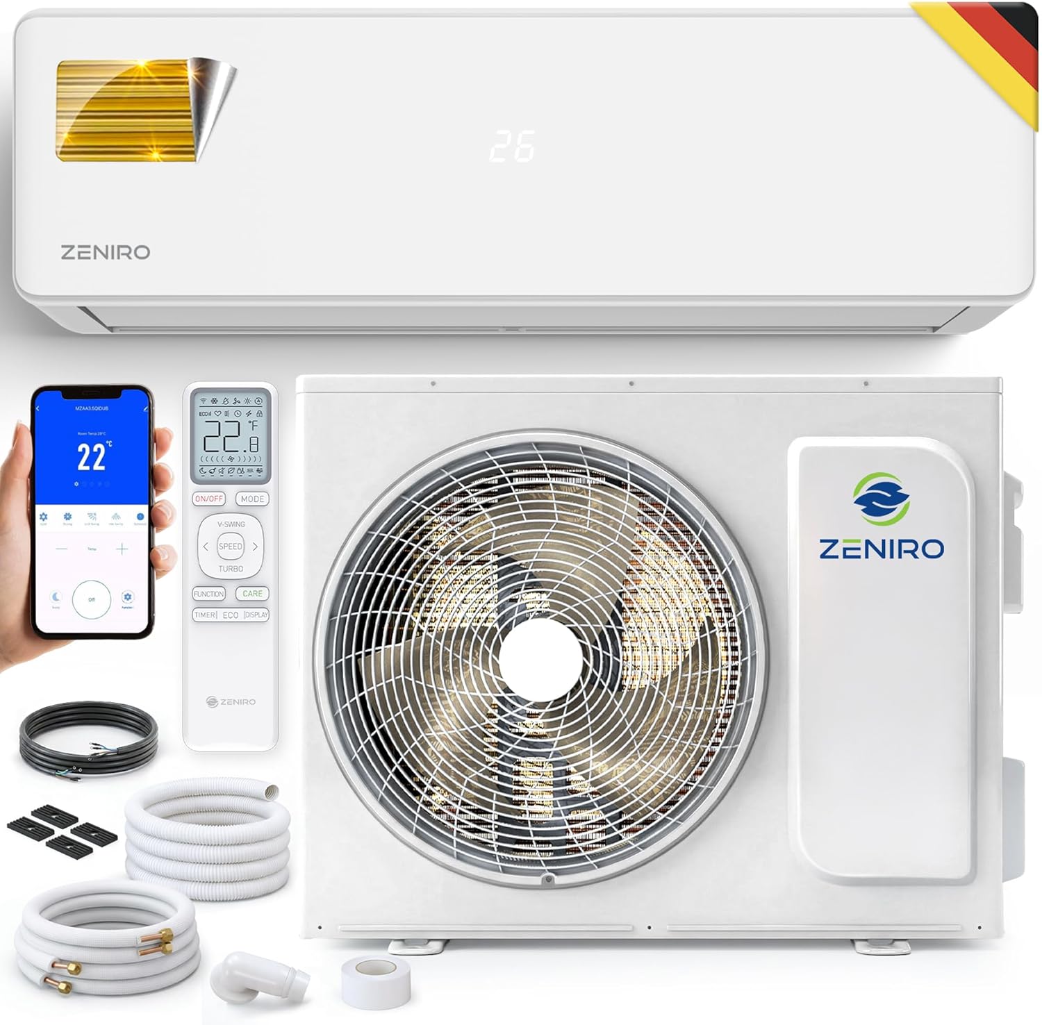 Klimaanlage Set Split - mit WiFi/App Funktion Klimagerät Kühlen A++/ Heizen A+ 3,5kW 12000 BTU Sehr Leise, Kältemittel R32 - Fernbedienung, Timerfunktion - Inkl. Montagematerial