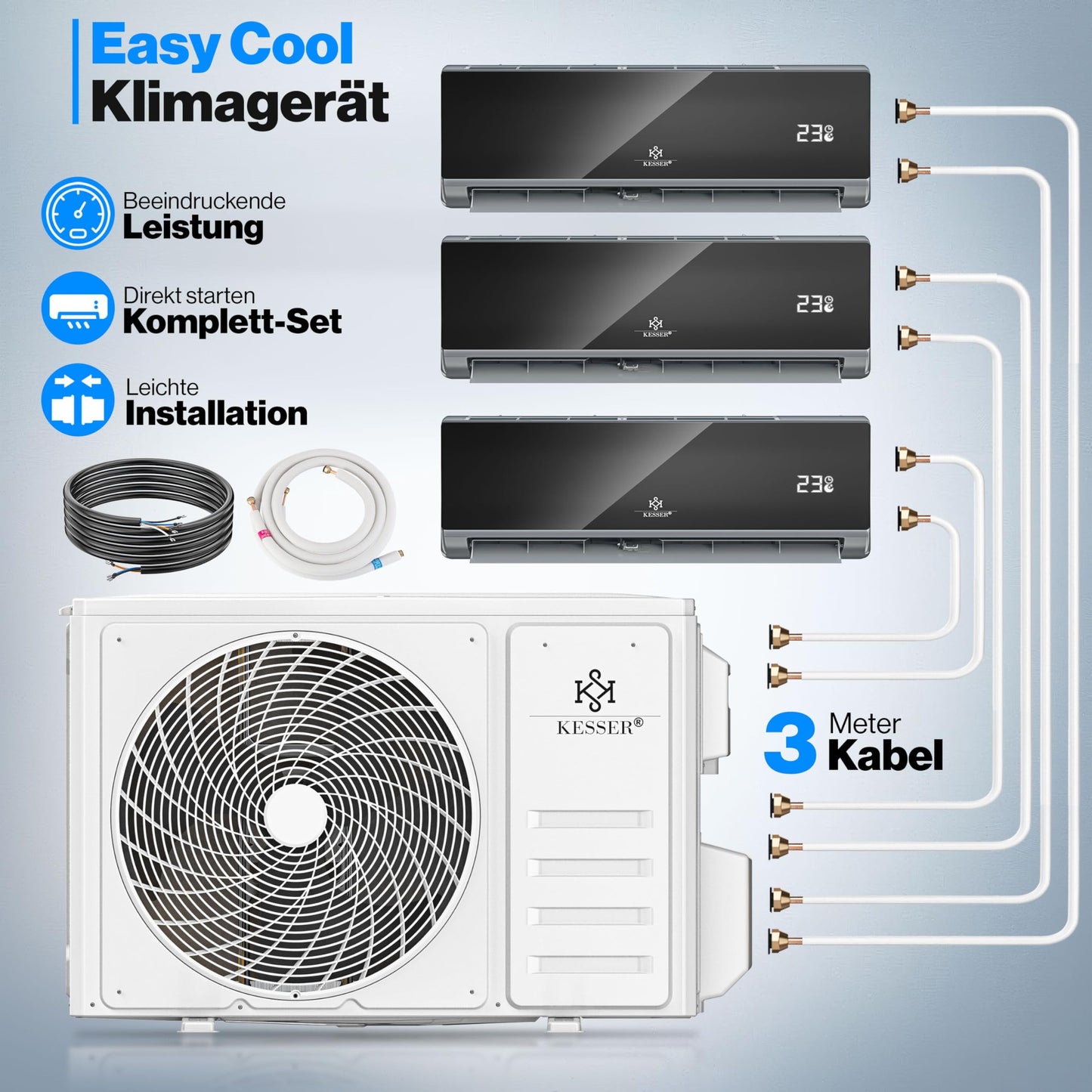 KESSER® Multisplit Klimaanlage 2 Innengeräte, 18000 BTU, Split Klimagerät Set mit WiFi/App, Heizen & Kühlen, Inverter, Eco-Modus, Luftentfeuchter & Ventilator, sehr leise, R32, Montagematerial