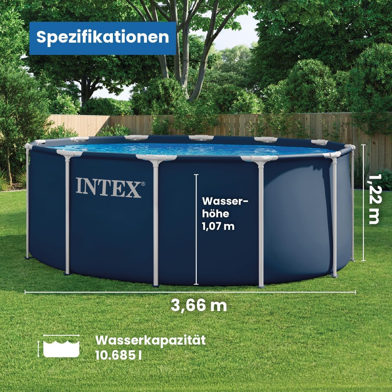 INTEX Metal Frame Pool rund Aufstellpool inkl. Sicherheitsleiter (366 x 122 cm) Rundpool mit Metalrahmen, Volumen ca. 10.680l Navy Blue (28930GH)