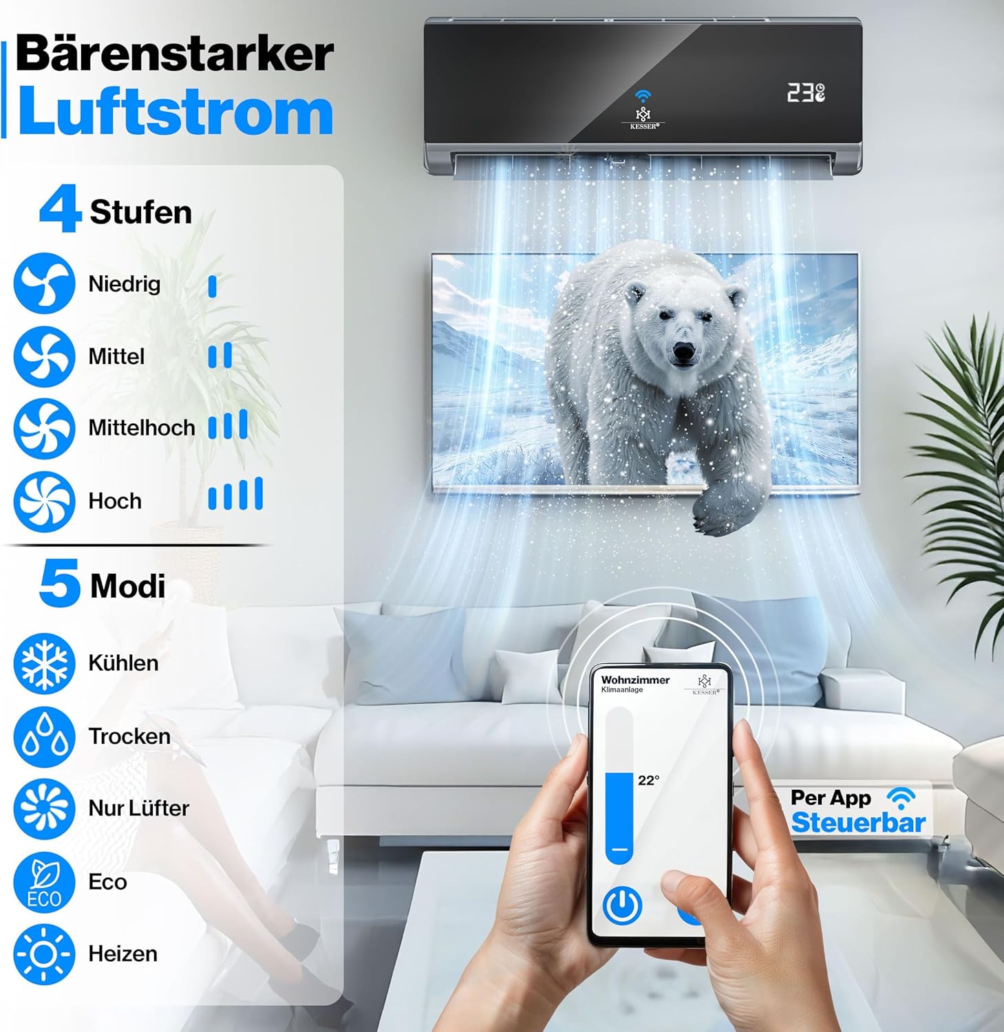 KESSER® Multisplit Klimaanlage 2 Innengeräte, 18000 BTU, Split Klimagerät Set mit WiFi/App, Heizen & Kühlen, Inverter, Eco-Modus, Luftentfeuchter & Ventilator, sehr leise, R32, Montagematerial