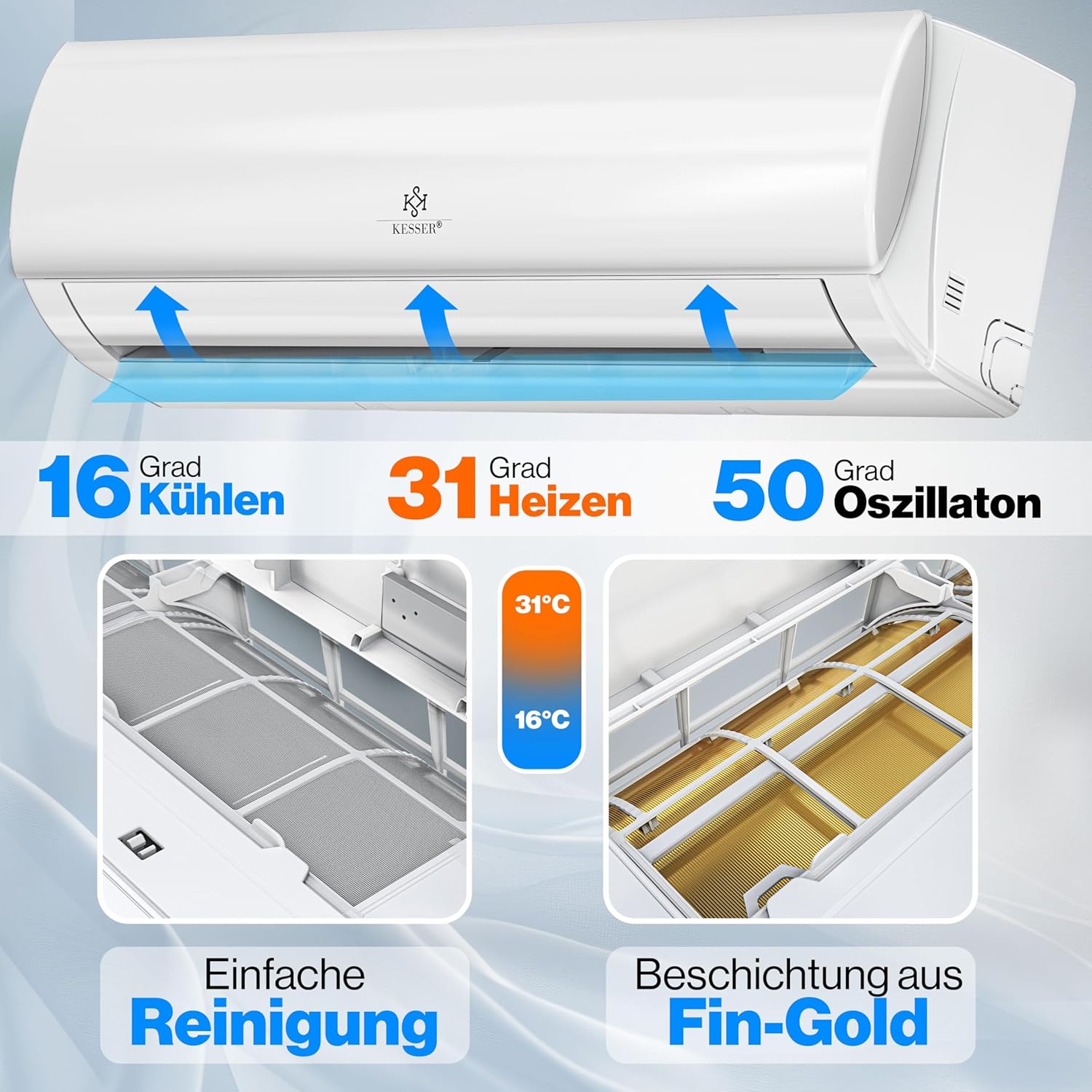 KESSER® Split Klimaanlage Set Quick Connect – WiFi & App Klimagerät mit Heizfunktion & Kühlmodus Wandklimaanlage, mit Kupferleitung 12000 BTU 3,4 kW Kältemittel R32 Inkl. Montagematerial