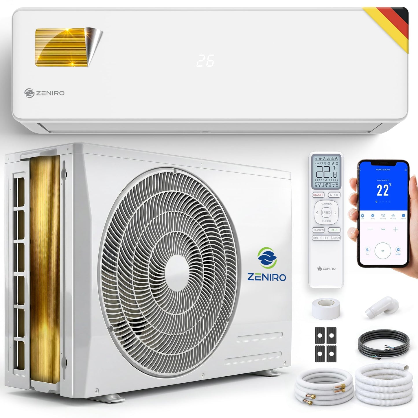Klimaanlage Set Split - mit WiFi/App Funktion Klimagerät Kühlen A++/ Heizen A+ 3,5kW 12000 BTU Sehr Leise, Kältemittel R32 - Fernbedienung, Timerfunktion - Inkl. Montagematerial