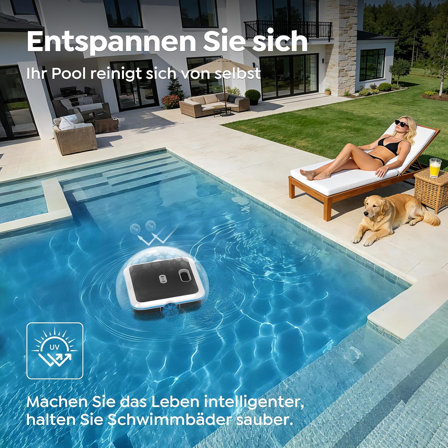SK02 Solar Pool Skimmer Roboter, Solarbetriebener Poolroboter Akku, Duale Ladeoptionen, Wassertemperatursensor, App-Steuerung, 24/7 Automatischer Skimmer Poolreiniger