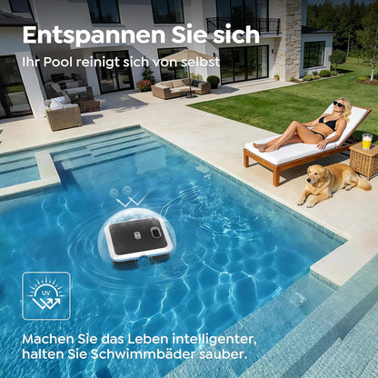 SK02 Solar Pool Skimmer Roboter, Solarbetriebener Poolroboter Akku, Duale Ladeoptionen, Wassertemperatursensor, App-Steuerung, 24/7 Automatischer Skimmer Poolreiniger