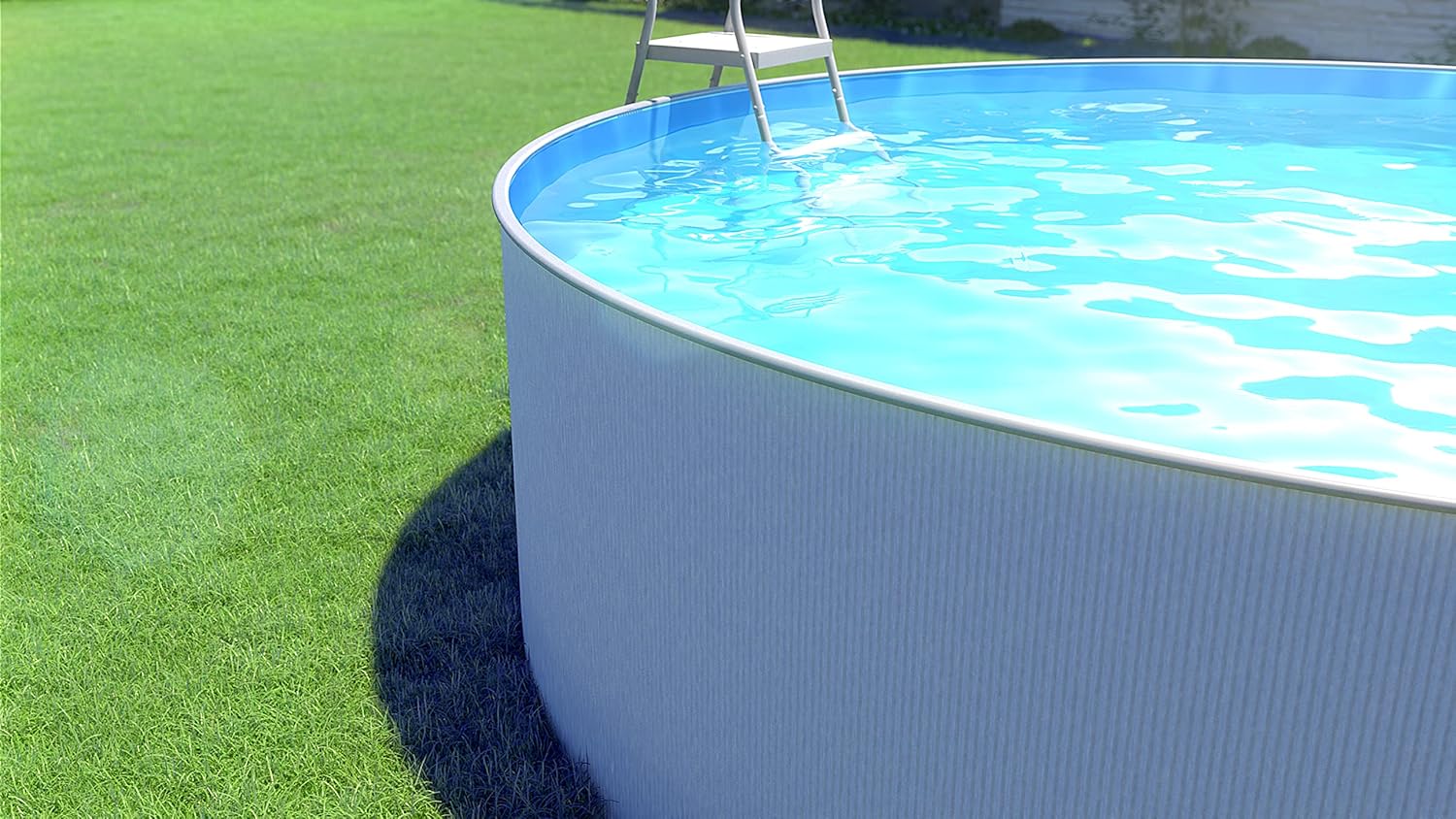 Steinbach Stahlwandpool New Splasher Secure – 011002 – Ø 350 x 90 m – Runder Pool in Weiß und blauer Innenfolie für bis zu 7.800 l Wasserinhalt – Mit Einhänge-Kartuschenfilteranlage und Leiter
