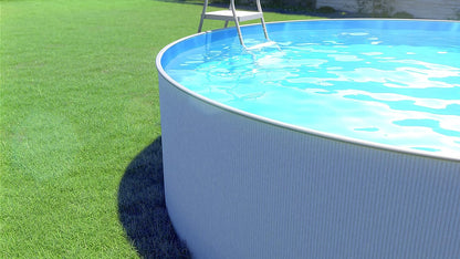 Steinbach Stahlwandpool New Splasher Secure – 011002 – Ø 350 x 90 m – Runder Pool in Weiß und blauer Innenfolie für bis zu 7.800 l Wasserinhalt – Mit Einhänge-Kartuschenfilteranlage und Leiter