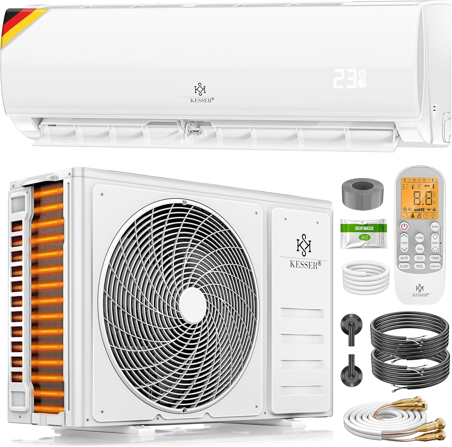 KESSER® Split Klimaanlage Set Quick Connect – WiFi & App Klimagerät mit Heizfunktion & Kühlmodus Wandklimaanlage, mit Kupferleitung 12000 BTU 3,4 kW Kältemittel R32 Inkl. Montagematerial