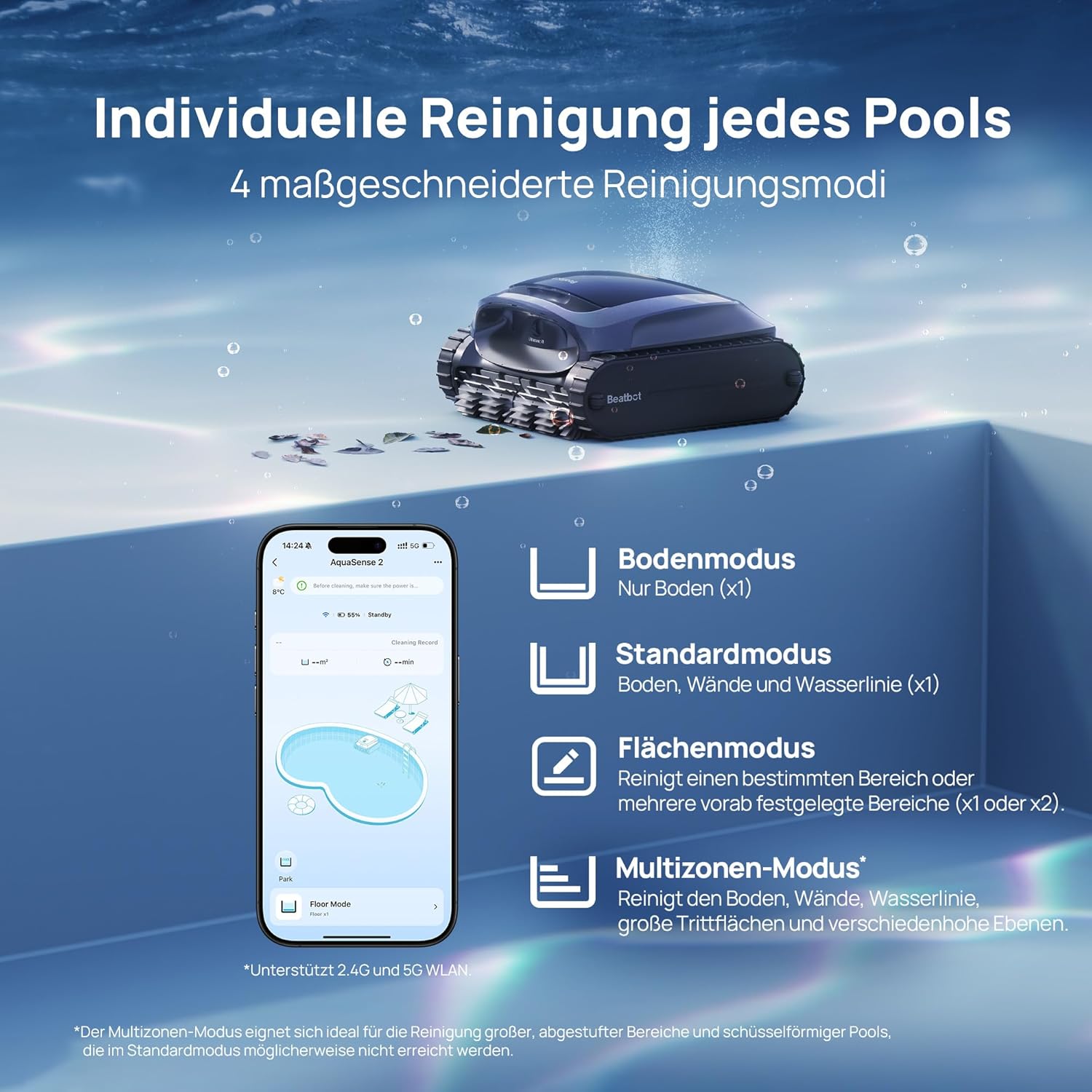 Beatbot AquaSense 2 Poolroboter, Akku Poolsauger mit Oberflächen-Parkfunktion, Poolreiniger Boden und Wand, Doppelte Reinigung der Wasserlinie, für Pools bis zu 300 m², Fenstergrau