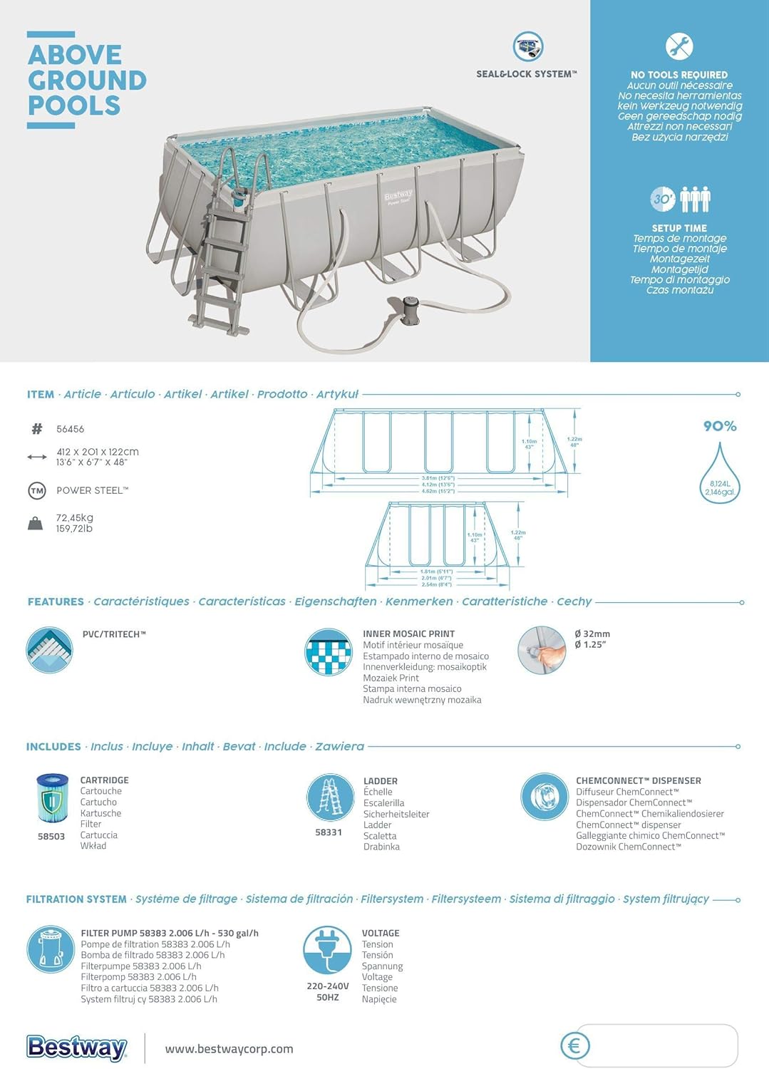 BESTWAY Power Steel Rectangular Pool Set 412x201x122 cm, Stahlrahmenpool-Set mit Filterpumpe und Zubehör