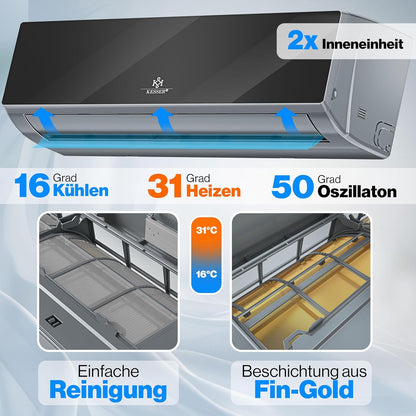 KESSER® Multisplit Klimaanlage 2 Innengeräte, 18000 BTU, Split Klimagerät Set mit WiFi/App, Heizen & Kühlen, Inverter, Eco-Modus, Luftentfeuchter & Ventilator, sehr leise, R32, Montagematerial