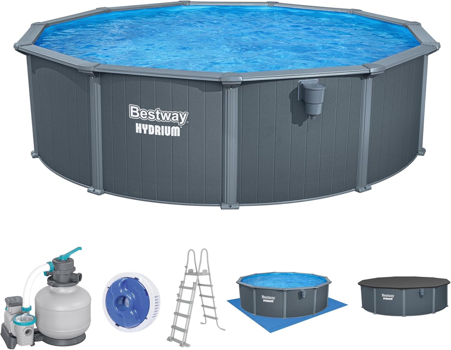 Bestway Hydrium Stahlwandpool Komplett-Set rund 488 x 132 cm Holz-Optik Grau Gartenpool Aufstellpool Sandfilter
