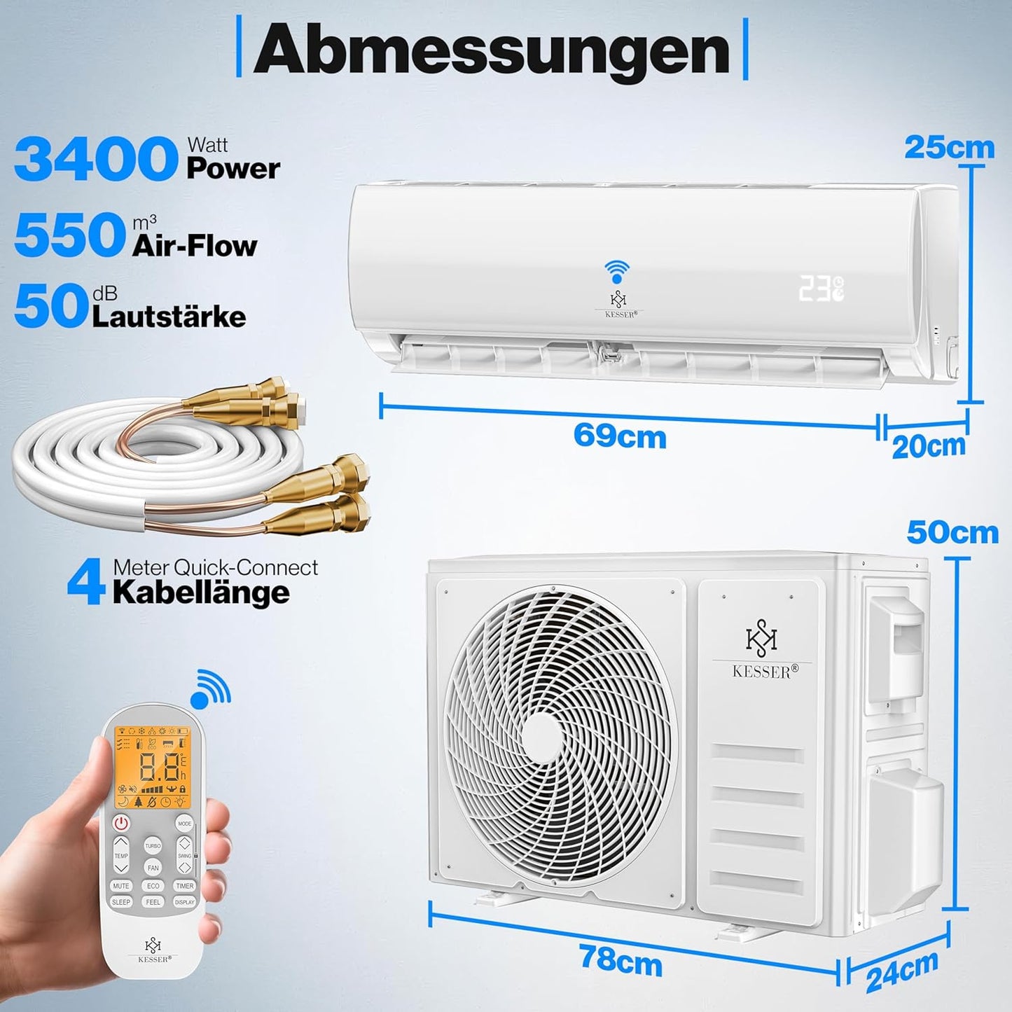 KESSER® Split Klimaanlage Set Quick Connect – WiFi & App Klimagerät mit Heizfunktion & Kühlmodus Wandklimaanlage, mit Kupferleitung 12000 BTU 3,4 kW Kältemittel R32 Inkl. Montagematerial